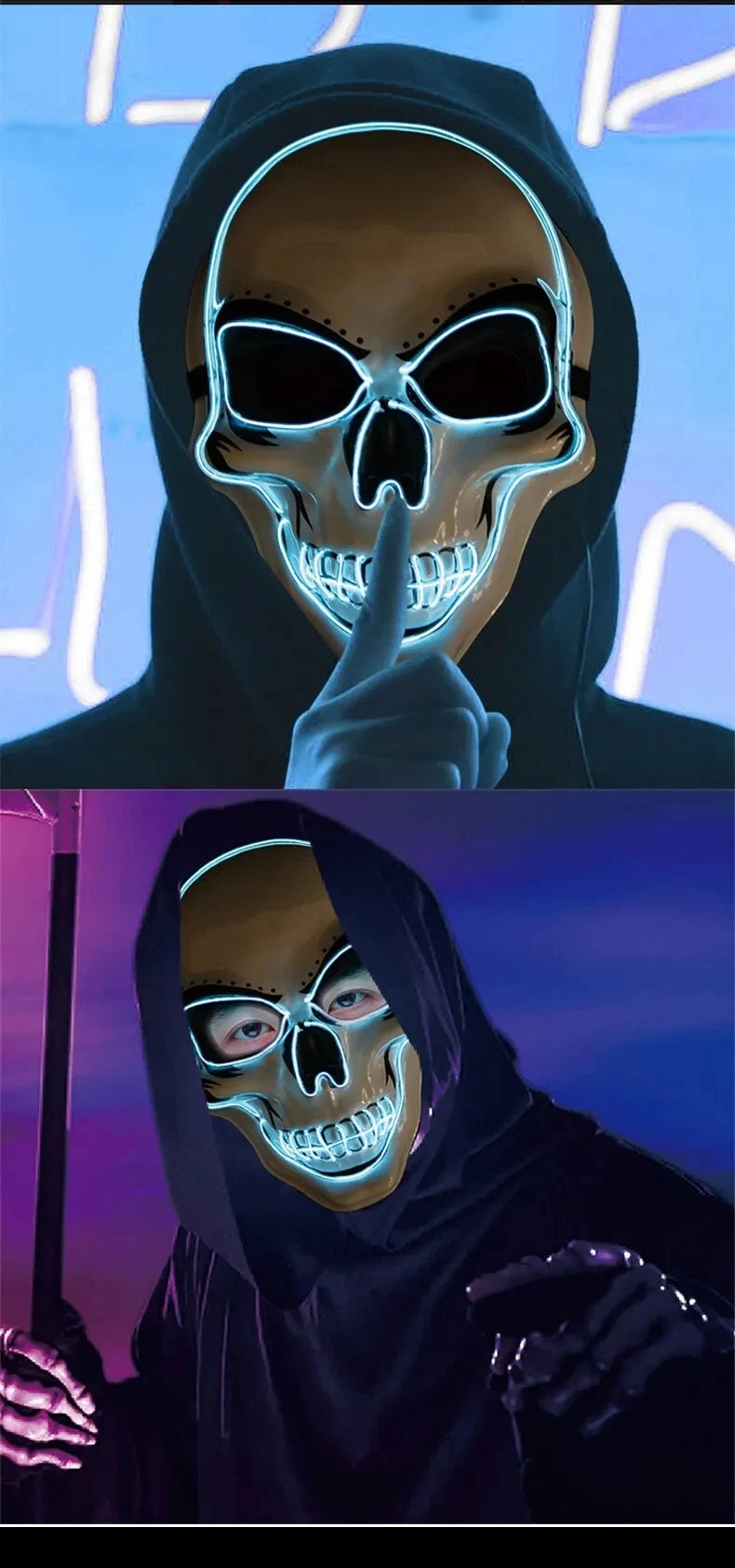 masque crâne d'halloween adultes équipé de LED couleurs aux choix