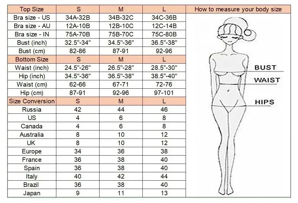 Guide des tailles pour bikini femme, tableau des tailles S, M et L