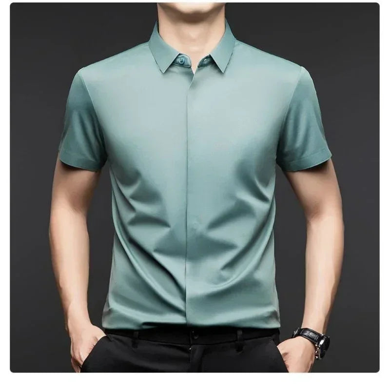 chemise hommes décontracté en soie polyester slim