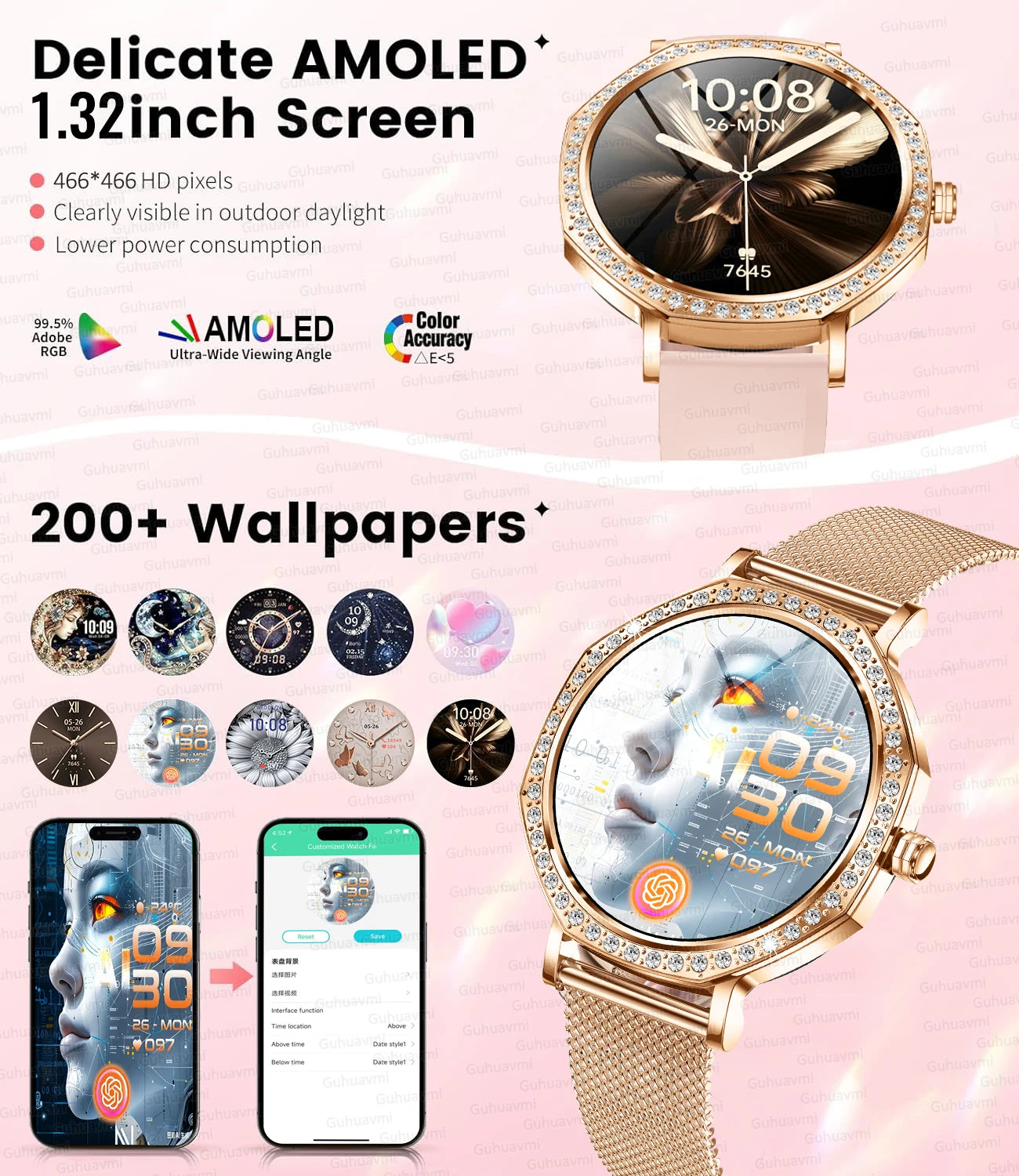 Montre Connectée Luxe Femme Diamant ChatGPT - 8mm Ultra Fine Bluetooth IP68 Or Rose - MONASTORESHOP.COM