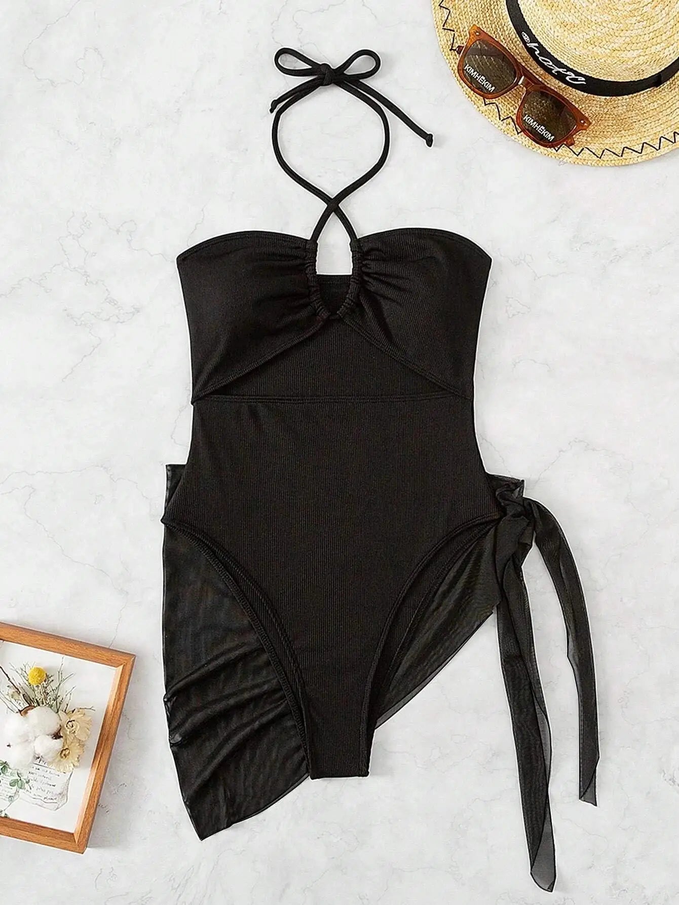 Maillot de Bain 1 Pièce Femme Licou avec Jupe - Bikini Élégant Découpe