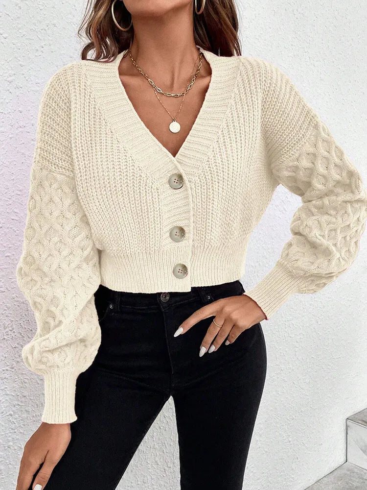 Cardigan Court Torsadé Femme – Col en V, Manches Ballon, Tricot Acrylique