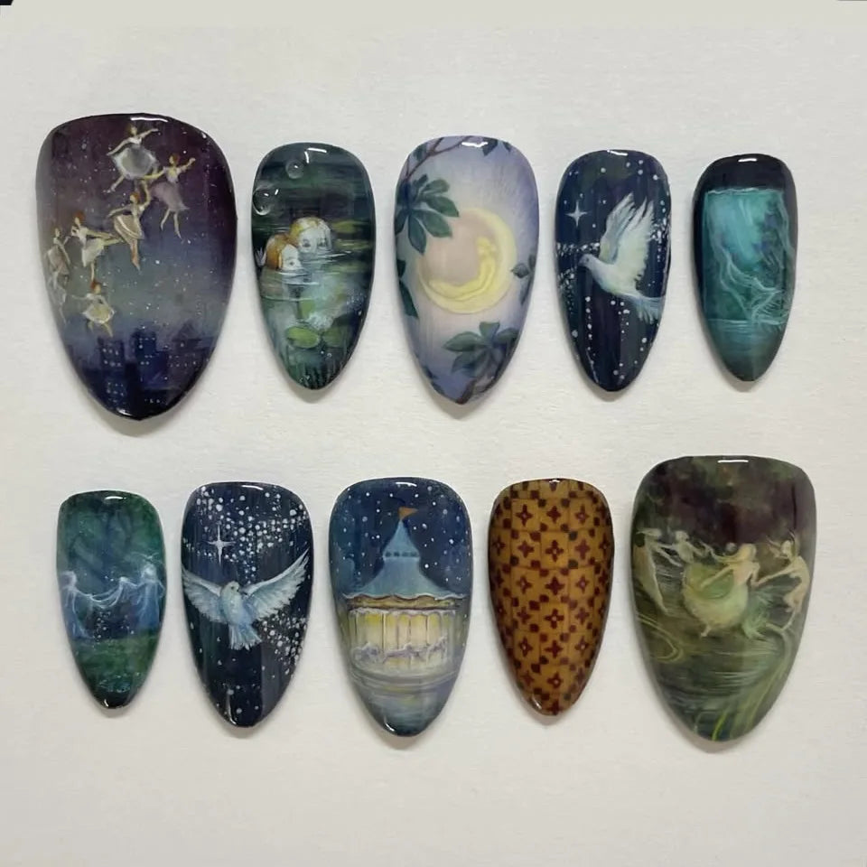 Faux ongles noirs dégradés, 24 pièces, motif étoile jaune, lune, cygne