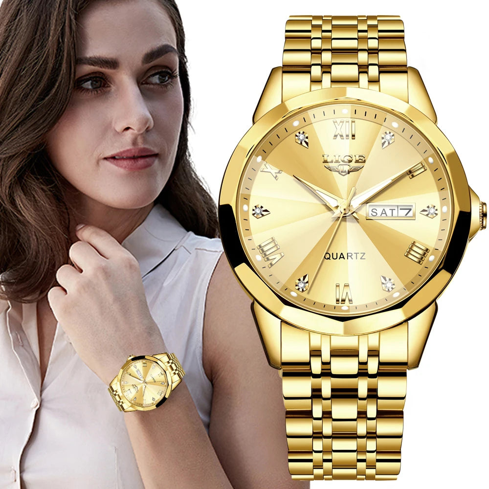 Montre Femme LIGE Acier Inoxydable - Quartz Luxe Or Noir Classique Élégante