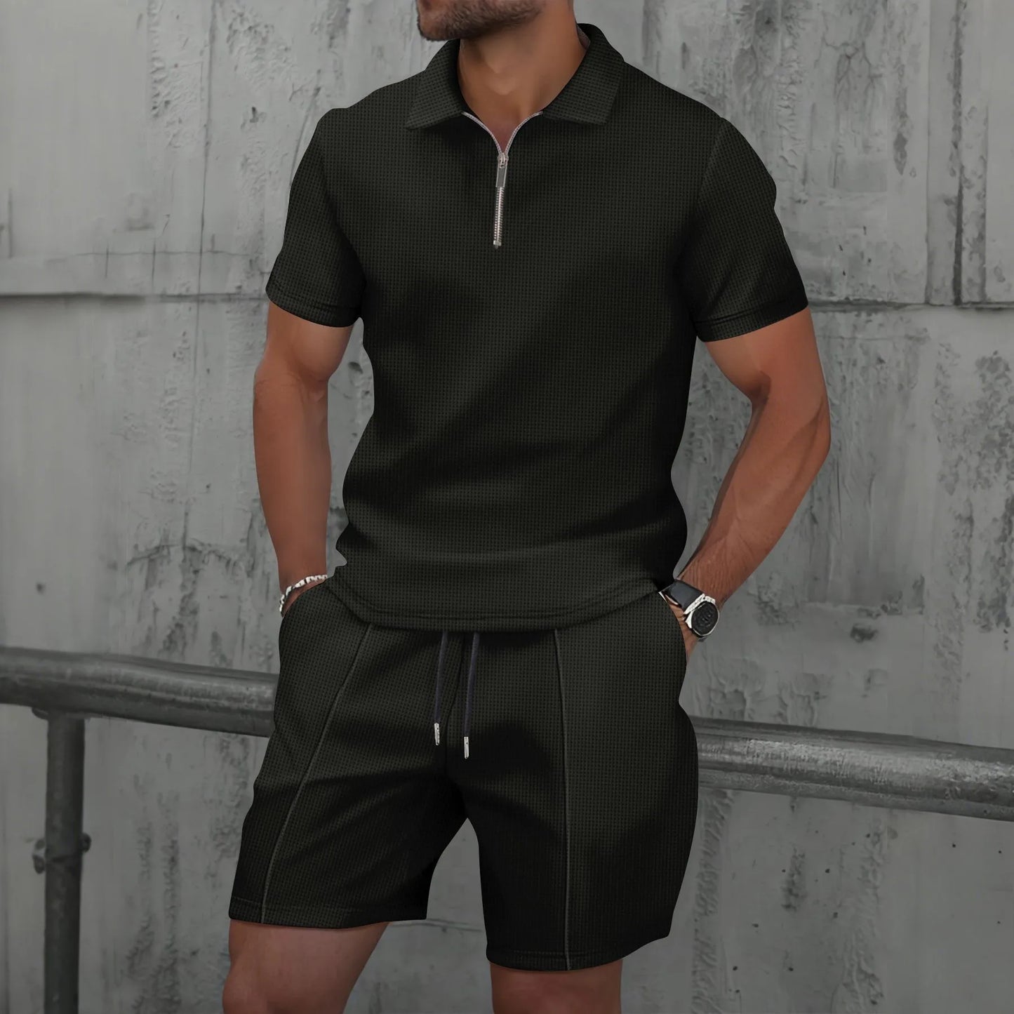 Ensemble polo homme gaufré noir : polo manches courtes zippé et short assorti
