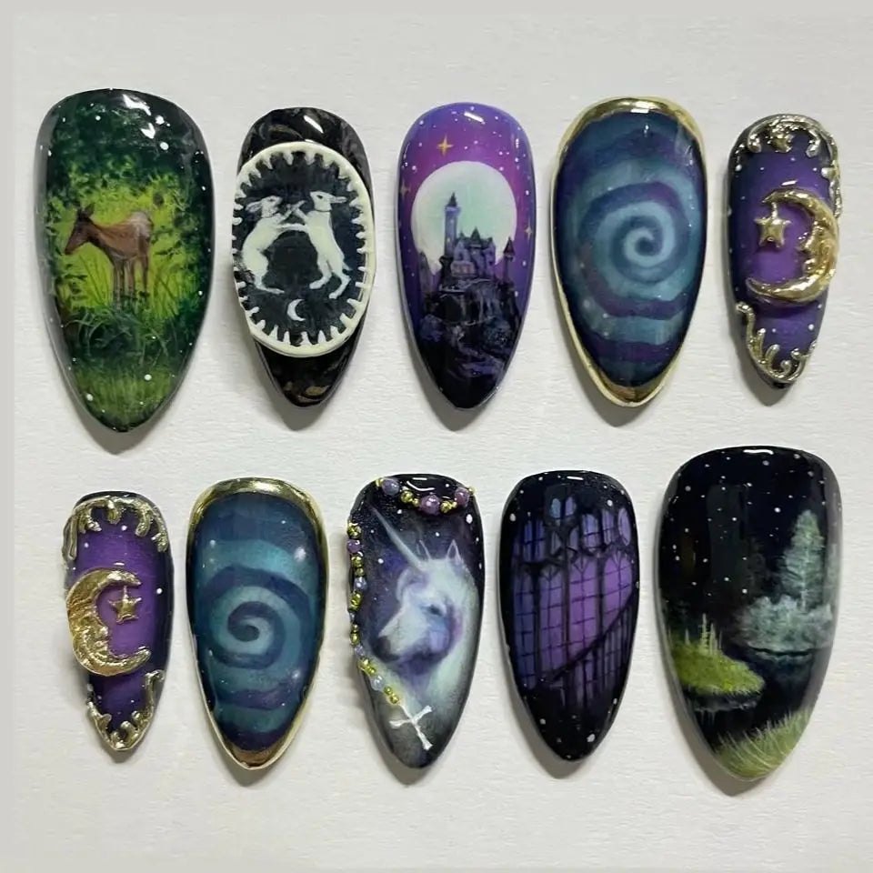 Faux ongles noirs dégradés, 24 pièces, motif étoile jaune, lune, cygne