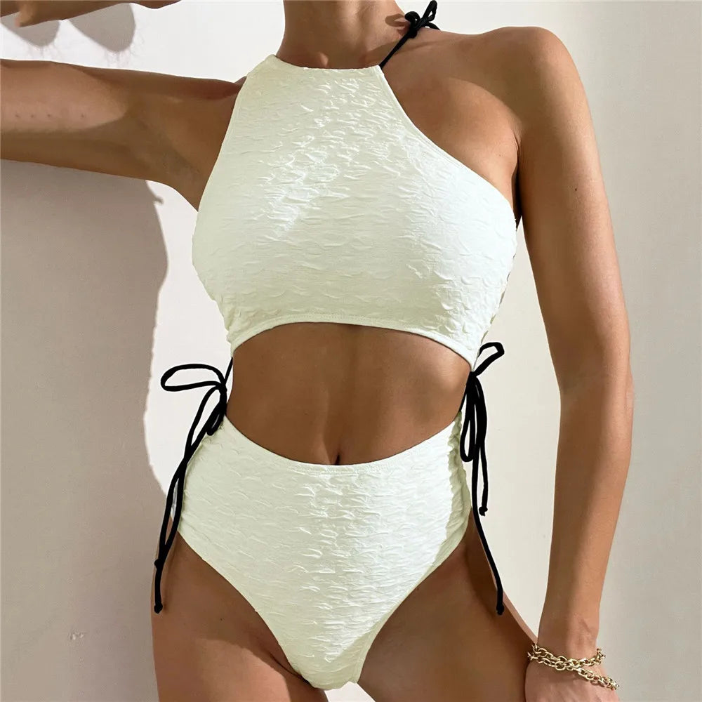Bikini Blanc Taille Haute Asymétrique - String à Lacets Sexy - Col Unique