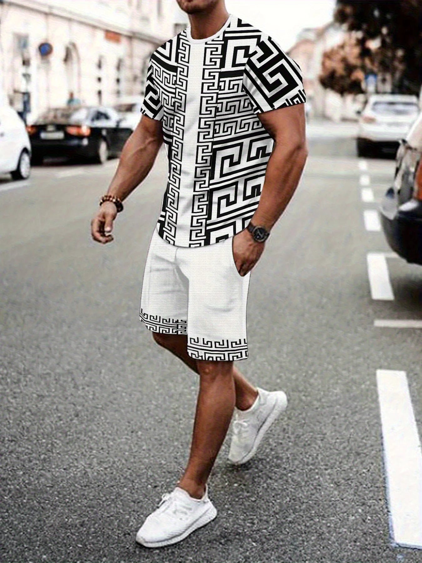 Ensemble t-shirt à col rond blanc et noir à motifs, short assorti à bordures