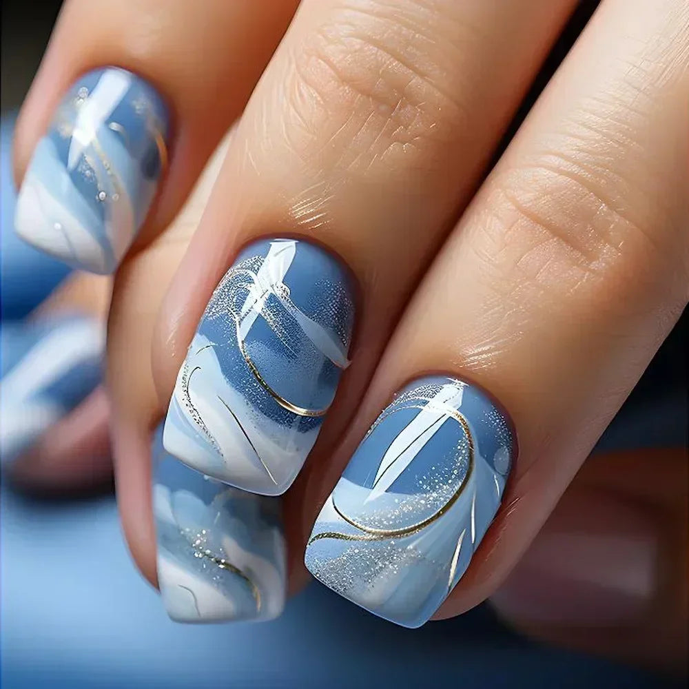 Faux ongles à pression carrée courte, fleur de Jade