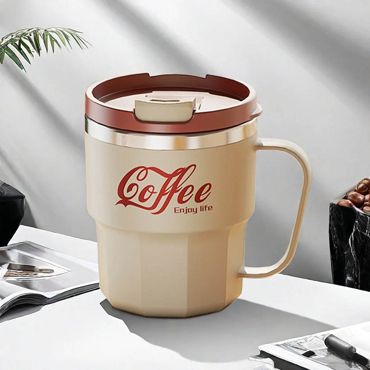 Tasse Thermos 304 Acier Inoxydable avec Poignée - Double Paroi Isolée Portable 450ML