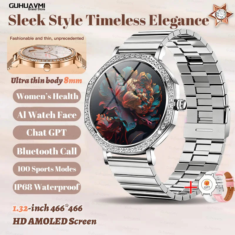 Montre Connectée Luxe Femme Diamant ChatGPT - 8mm Ultra Fine Bluetooth IP68 Or Rose - MONASTORESHOP.COM