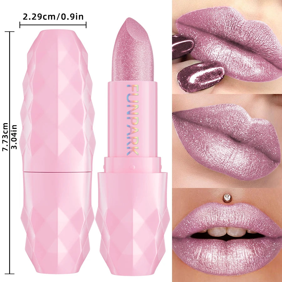 Rouge à lèvres FUMMARIK rose mauve, visuel du tube et lèvres pailletées