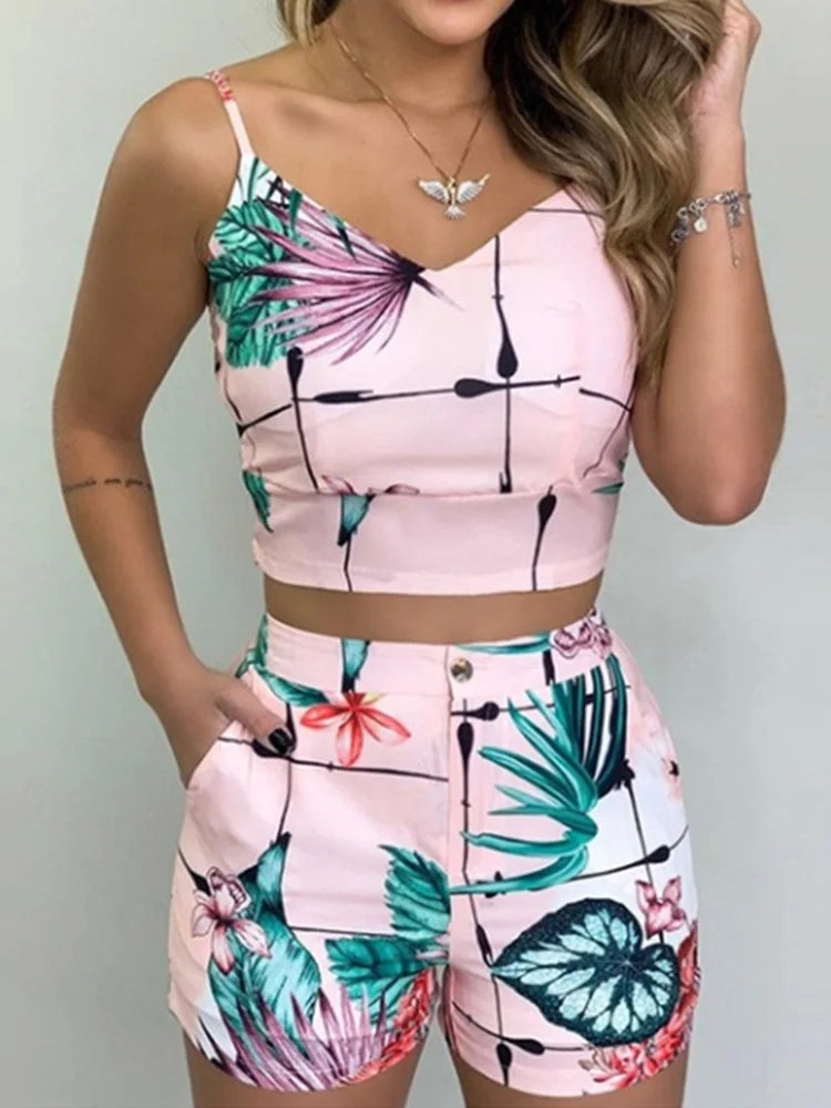Ensemble Deux Pièces Femme Bohème - Chemise Florale et Short Polyester