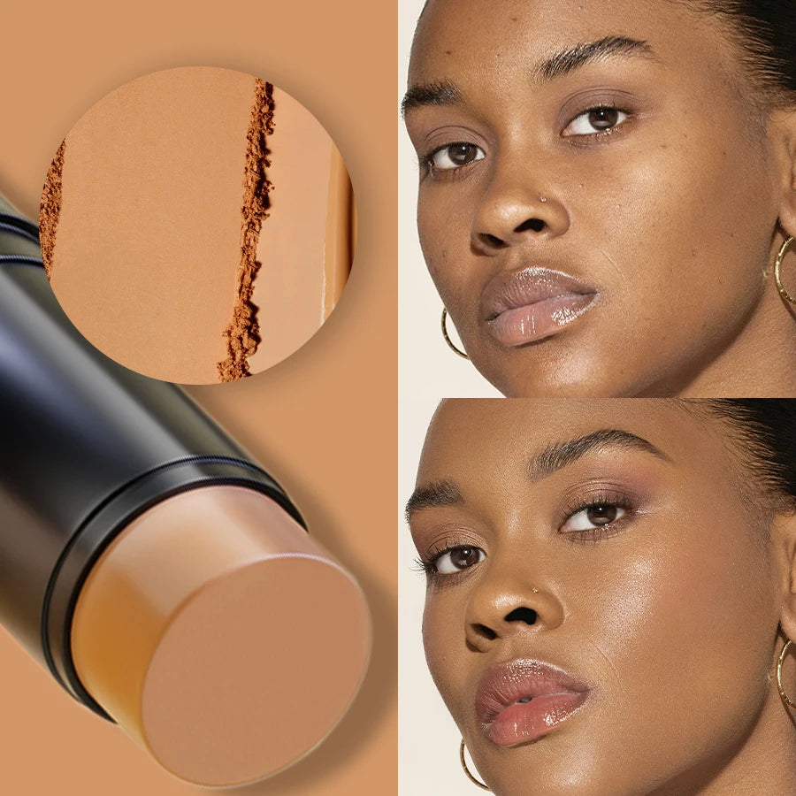 Crayon correcteur en bâton noir avec capuchon beige, teinte appliquée sur le visage