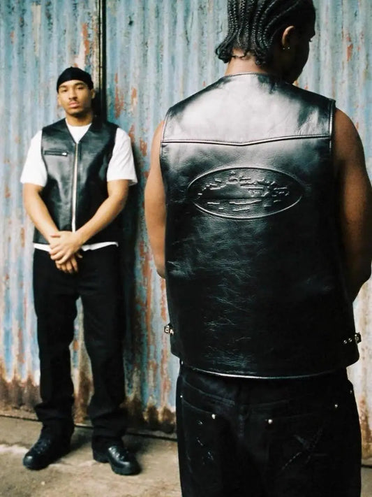 Gilet Moto Homme Cuir PU - Broderie Relief Devil Island | MONASTORESHOP.COM