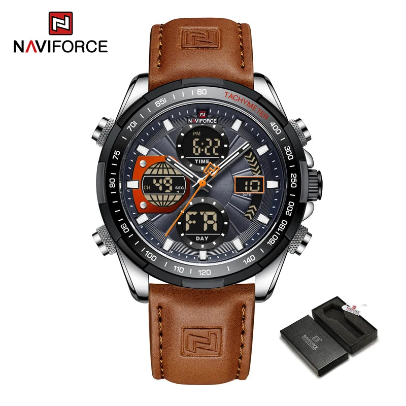 Montre homme sport cadran noir, boîtier argenté, bracelet cuir brun, affichage numérique
