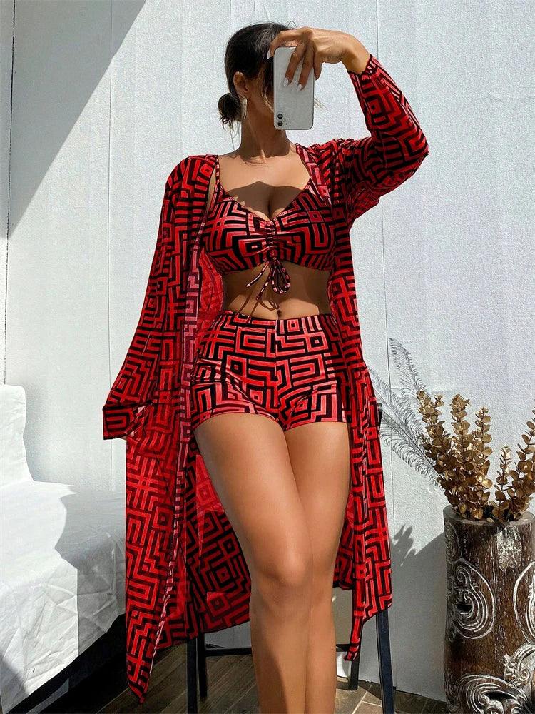 Ensemble bikini taille haute avec haut court et paréo manches longues, motif géométrique rouge