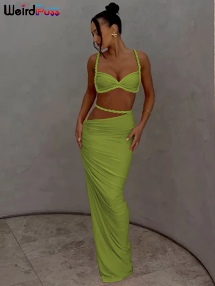 Ensemble 2 pièces femme : bustier à armatures et jupe longue moulante, vert clair