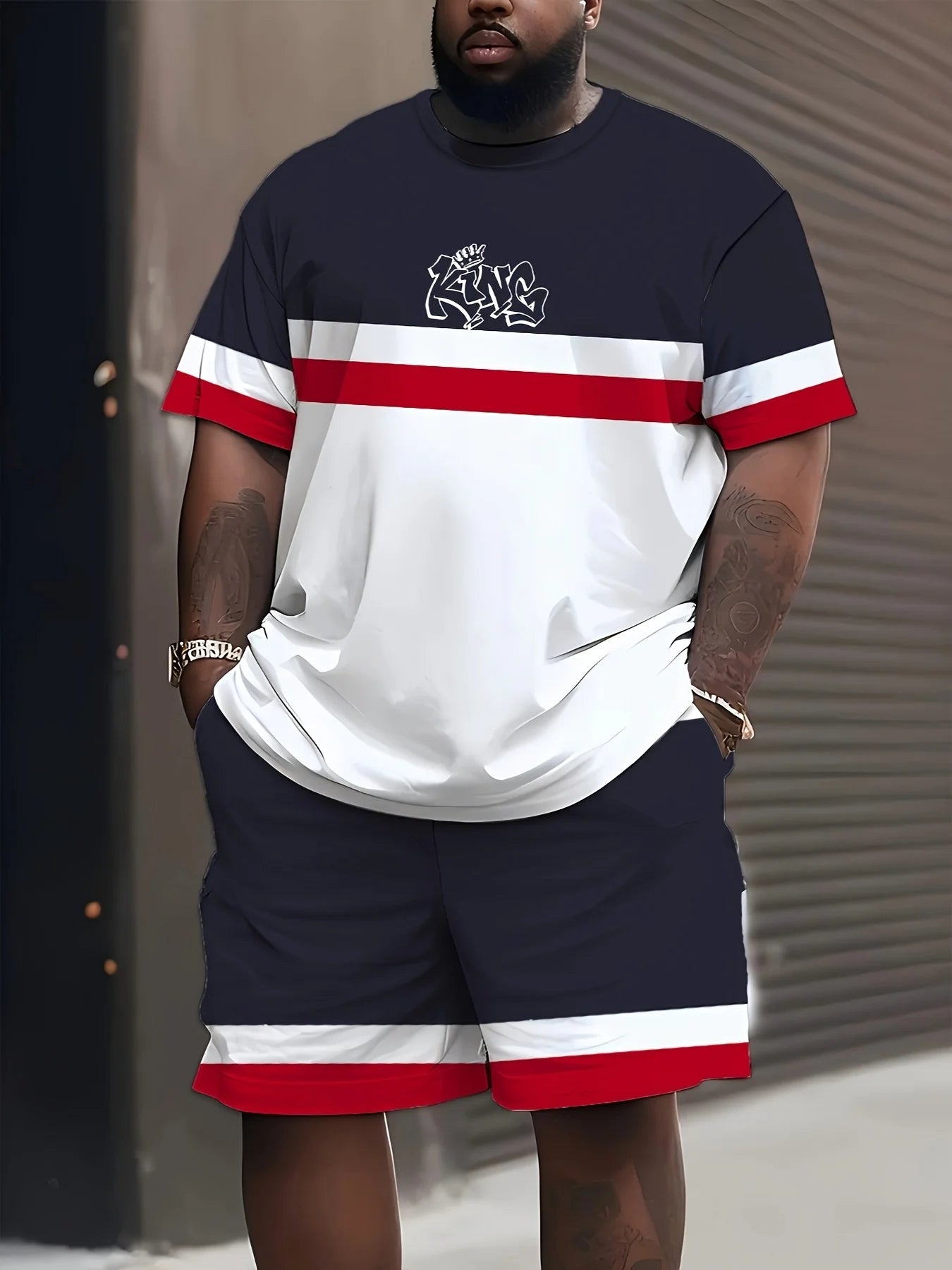 Ensemble t-shirt à col rond et short, bleu marine, empiècements blanc et rouge