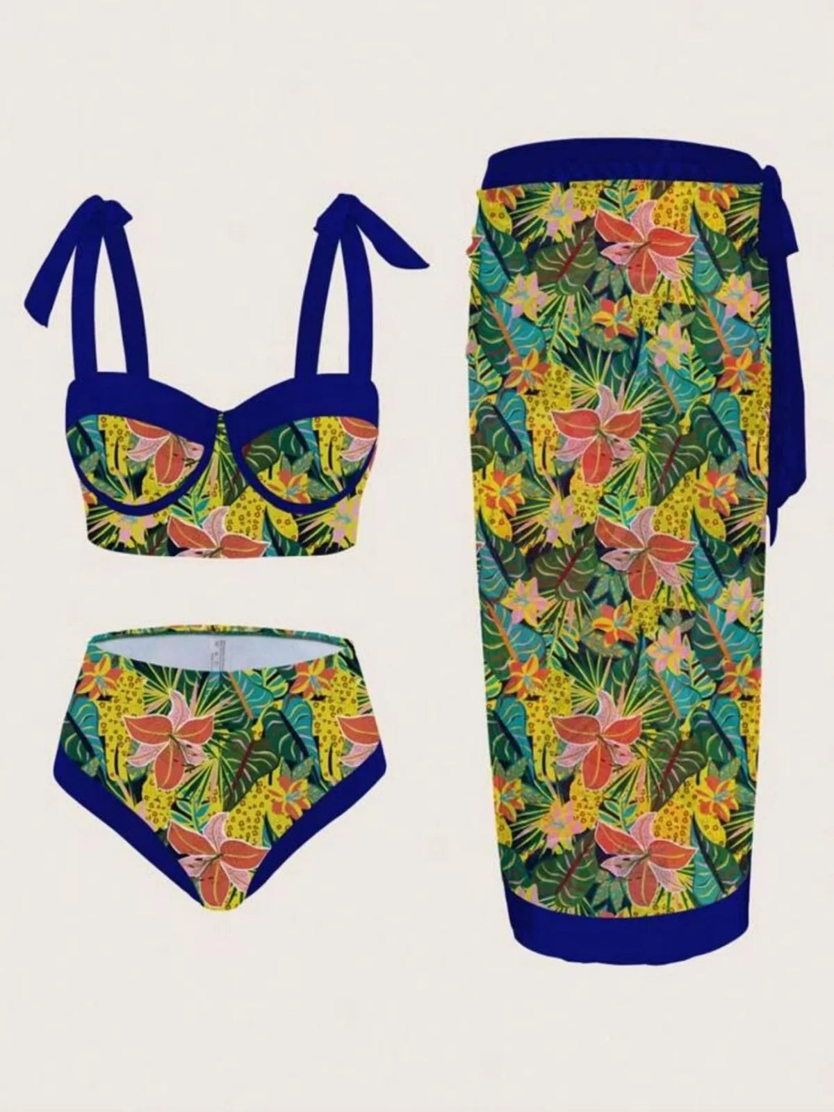 Ensemble de bikini 3 pièces taille haute, soutien-gorge à fleurs, culotte et jupe longue bleue