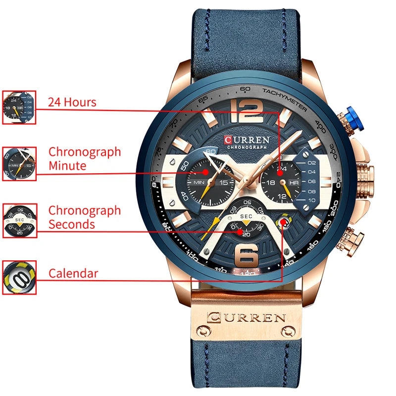 Montre chronographe à bracelet cuir bleu, boîtier doré, cadran bleu avec lunette tachymètre