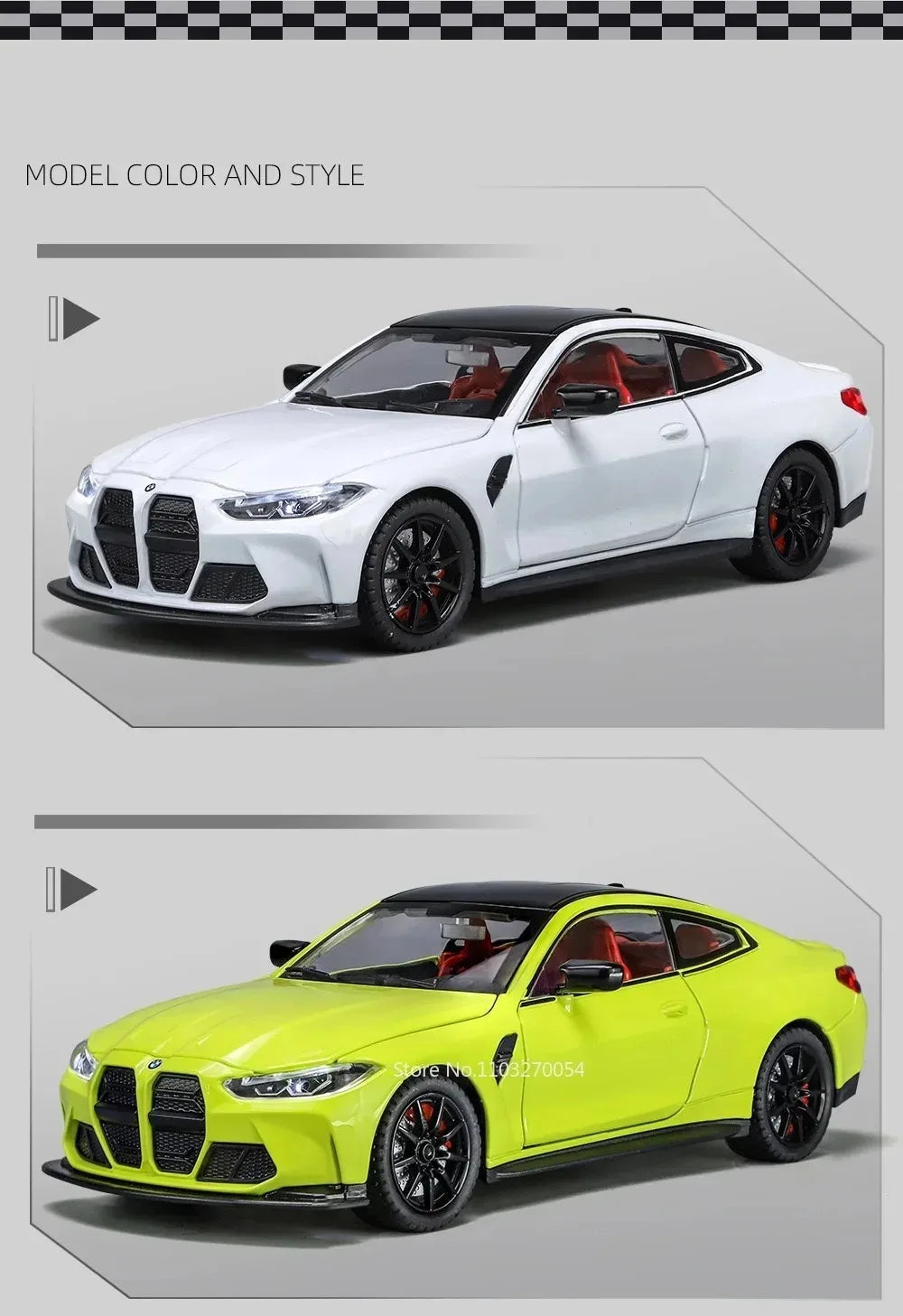 M3 GTR M4 Alliage métal Miniature 1/24 avec portes et capot ouvrant lumière et pile inclus