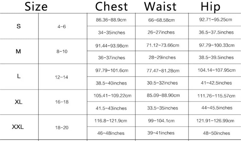 Tableau des tailles pour maillot de bain : S à XXL, poitrine, taille et hanches