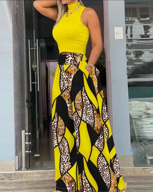 Ensemble pour femme débardeur jaune et pantalon large noir à motifs léopard graphique