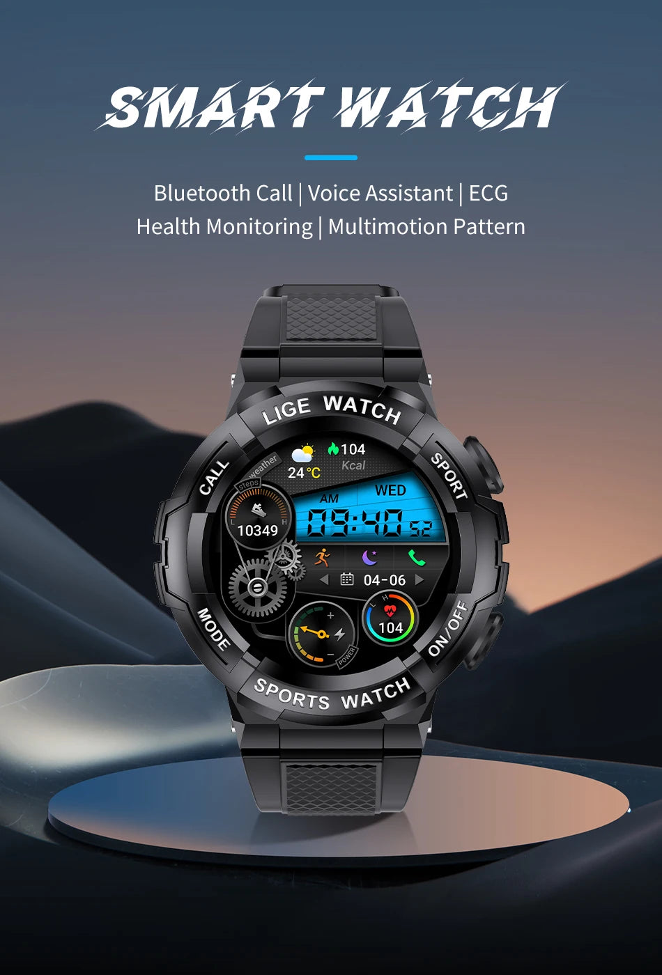 Montre connectée sport noire à bracelet texturé, cadran affichant l’heure et des icônes.