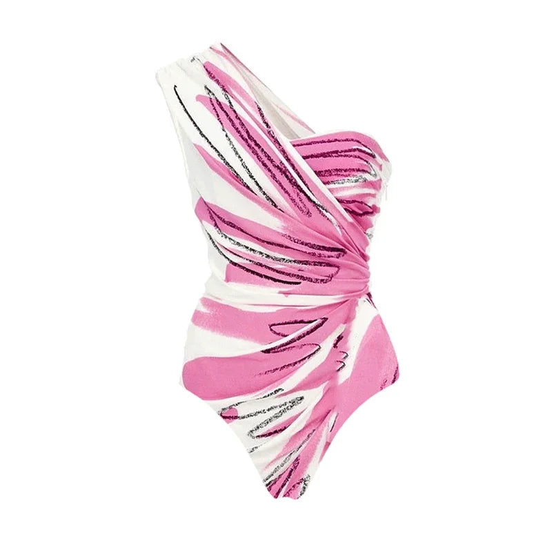 Maillot de Bain Une Pièce Asymétrique Fleuri - Volants & Lacets - Push-Up Sexy