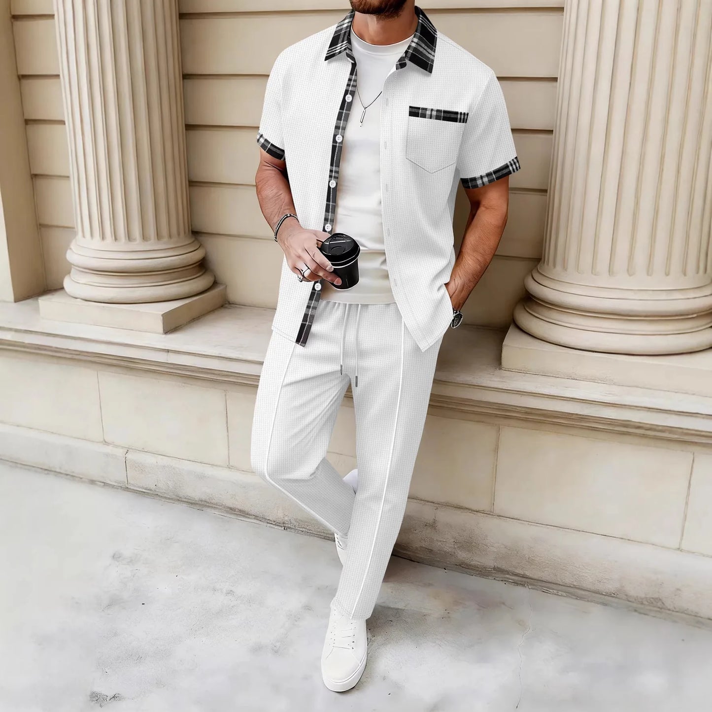 Ensemble chemise gaufrée à col boutonné et pantalon assorti blanc, poche poitrine