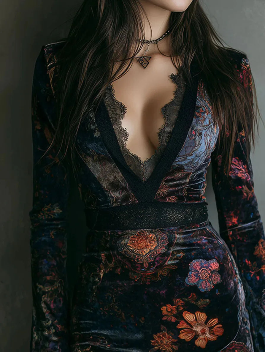 Mini robe en velours imprimé Floral pour femmes, Vintage, élégante