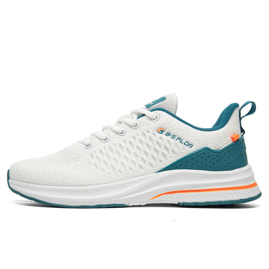 Chaussures de running homme blanches, empiècements turquoise, semelle blanche.