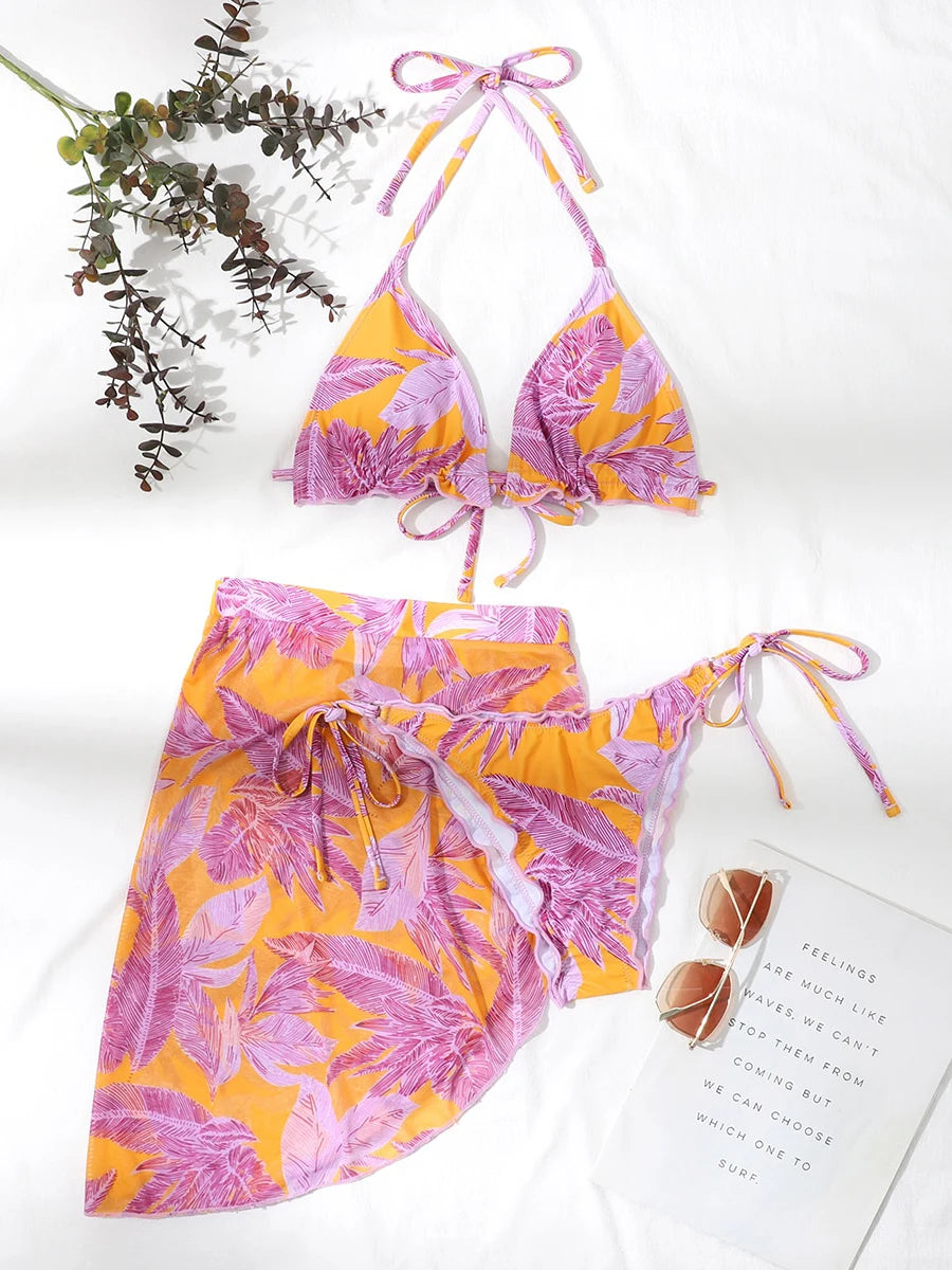 Ensemble bikini 3 pièces femme imprimé, col licou à volants, coussinets, jupe à nouer