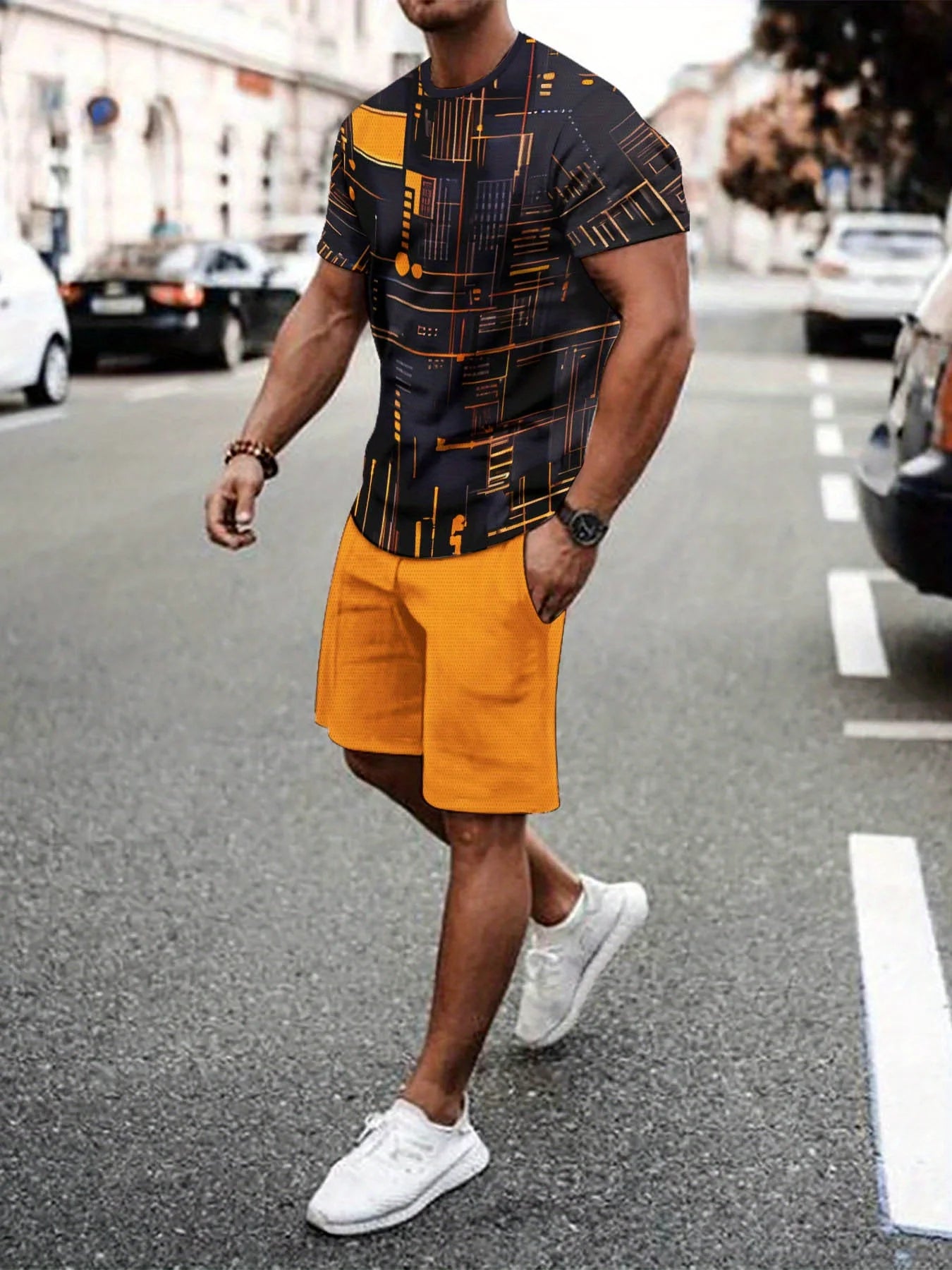 Ensemble t-shirt à col rond et short, bleu foncé à motifs lignes, short orange