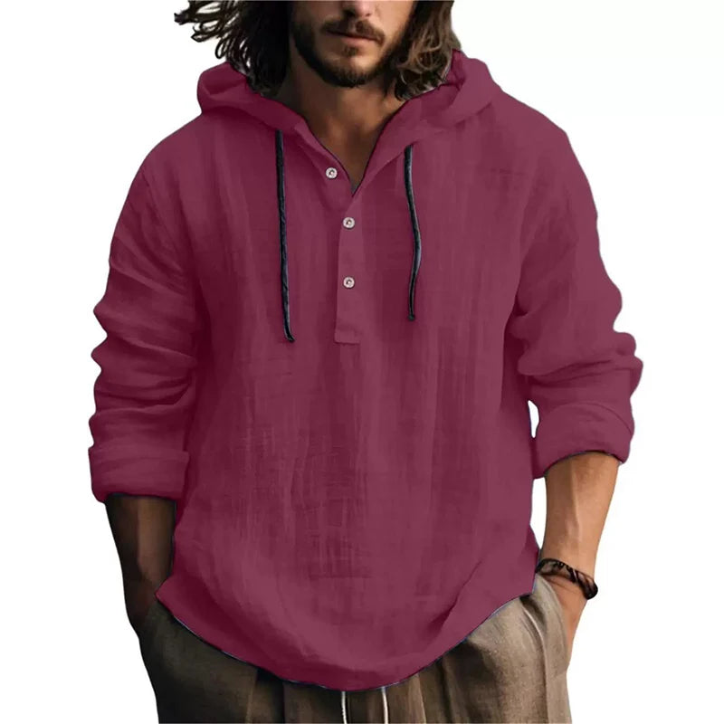 Chemise en lin homme à capuche bordeaux, patte boutonnée et manches longues