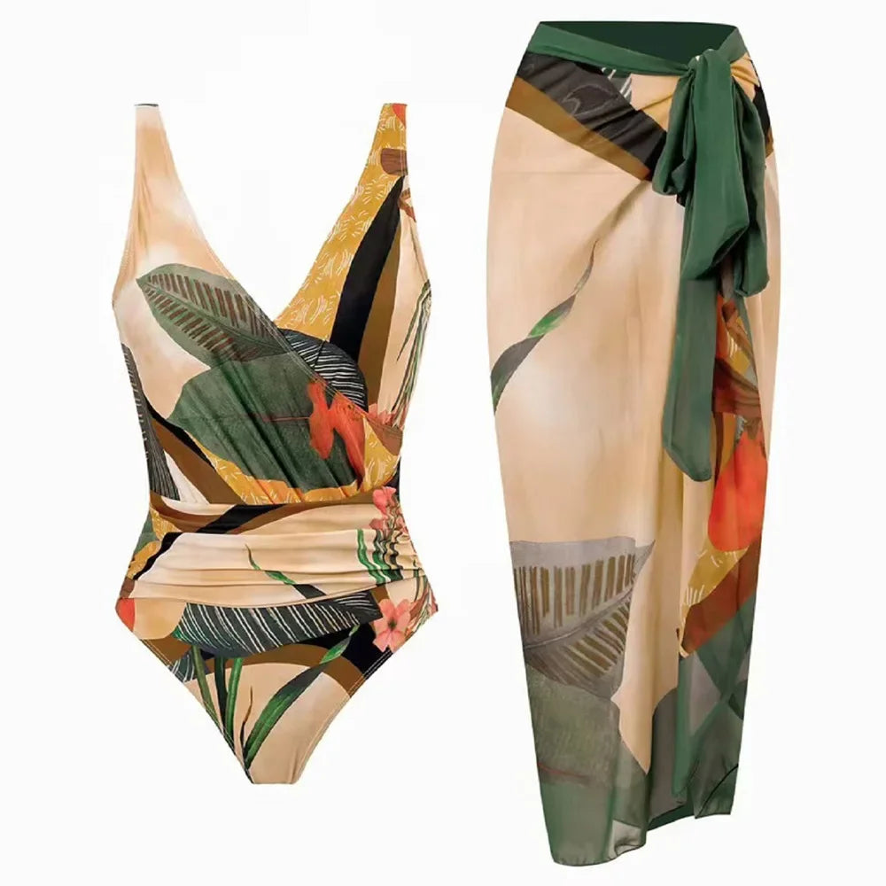 Maillot de bain 2 pièces imprimé avec paréo assorti, vue avant et dos sur fond blanc