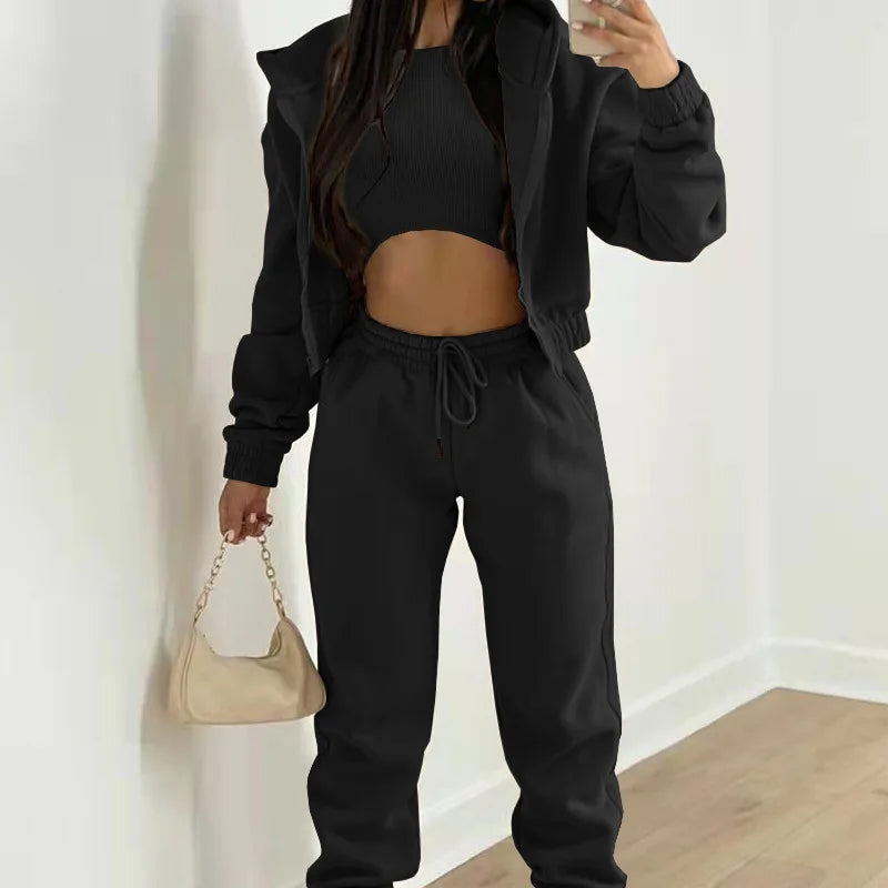 Ensemble 3 Pieces Femme - Sweat Capuche Zippee Debardeur Pantalon Jogging