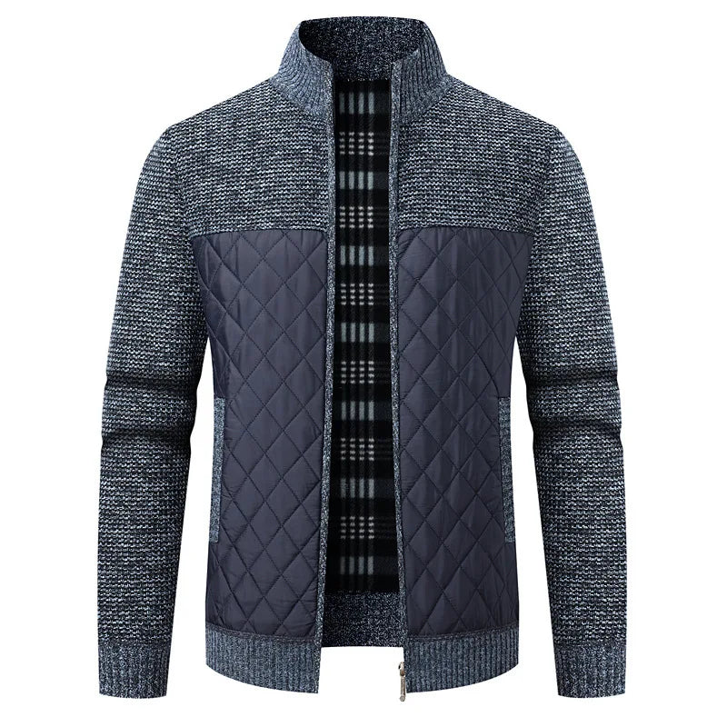Cardigan zippé homme bleu-gris chiné : empiècements matelassés foncés, col montant.
