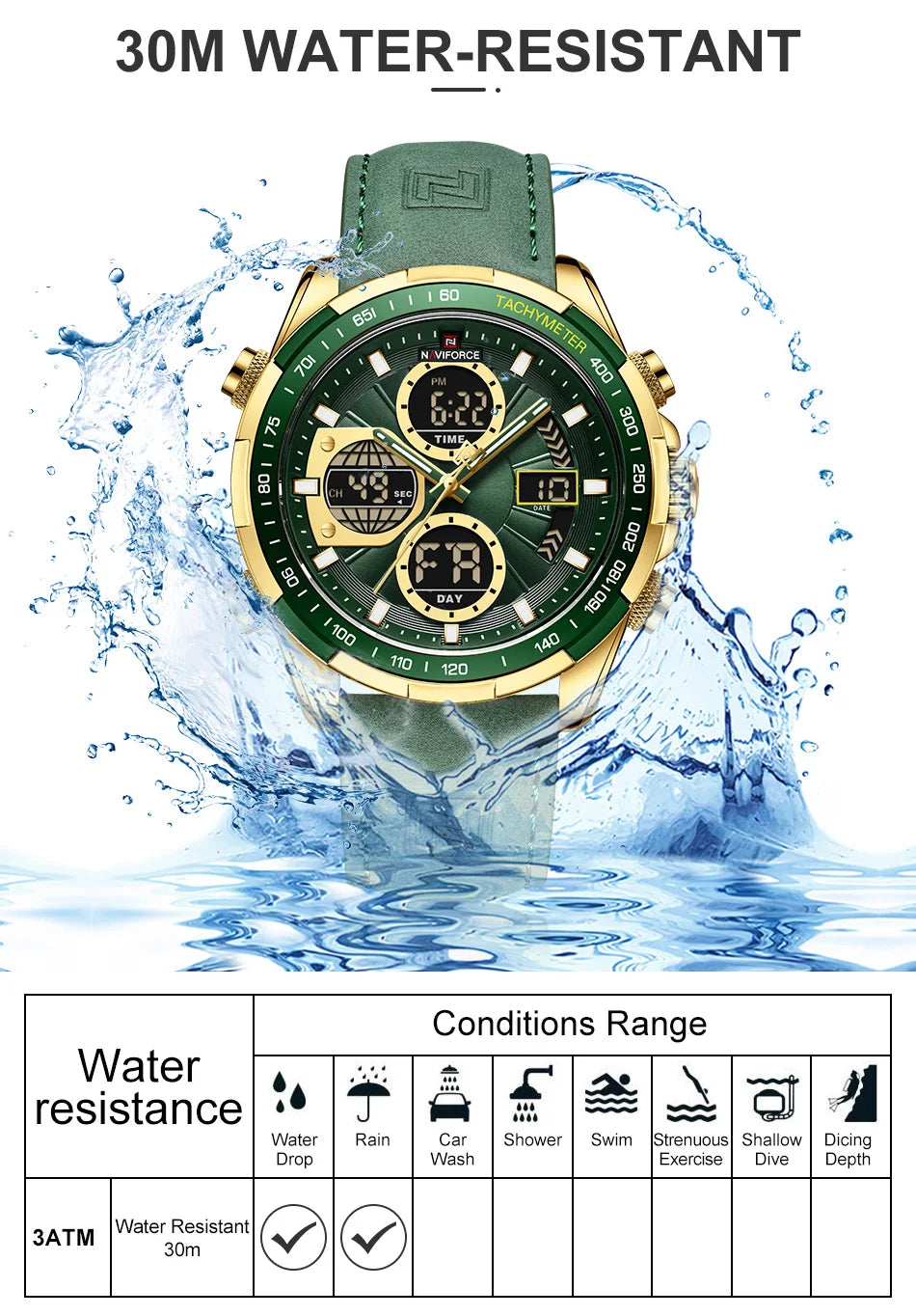 Montre homme sport à cadran vert, boîtier doré, bracelet cuir vert, étanche