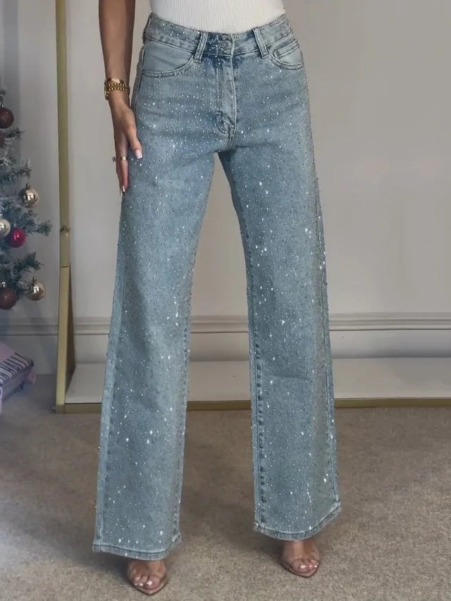 jeans droit délavé taille haute pour soirée festive