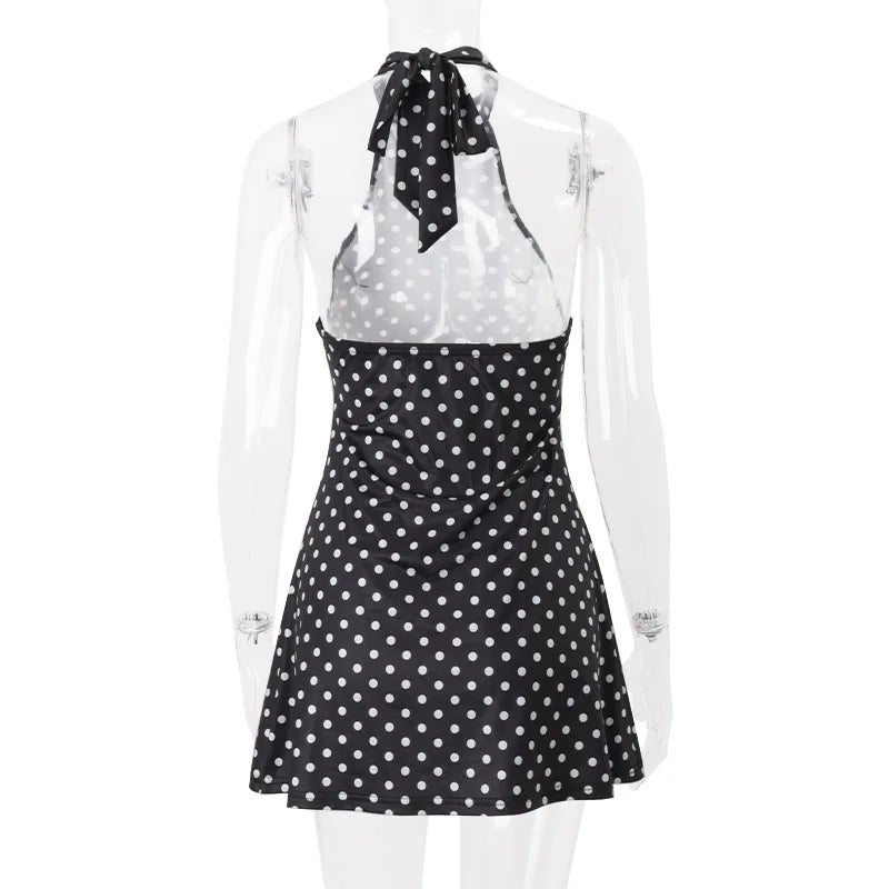 Mini Robe Pois Col Licou Dos Nu - Sans Manches, Taille Haute, Style Y2K