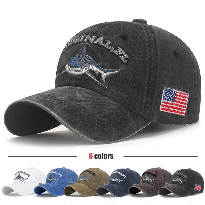 Casquette de baseball requin brodée délavée