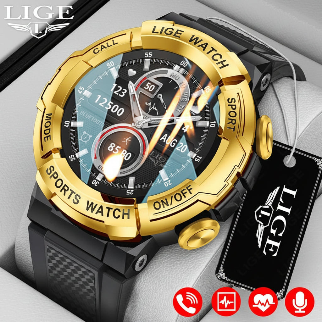 Montre connectée sport dorée à bracelet noir, cadran noir avec affichage numérique.