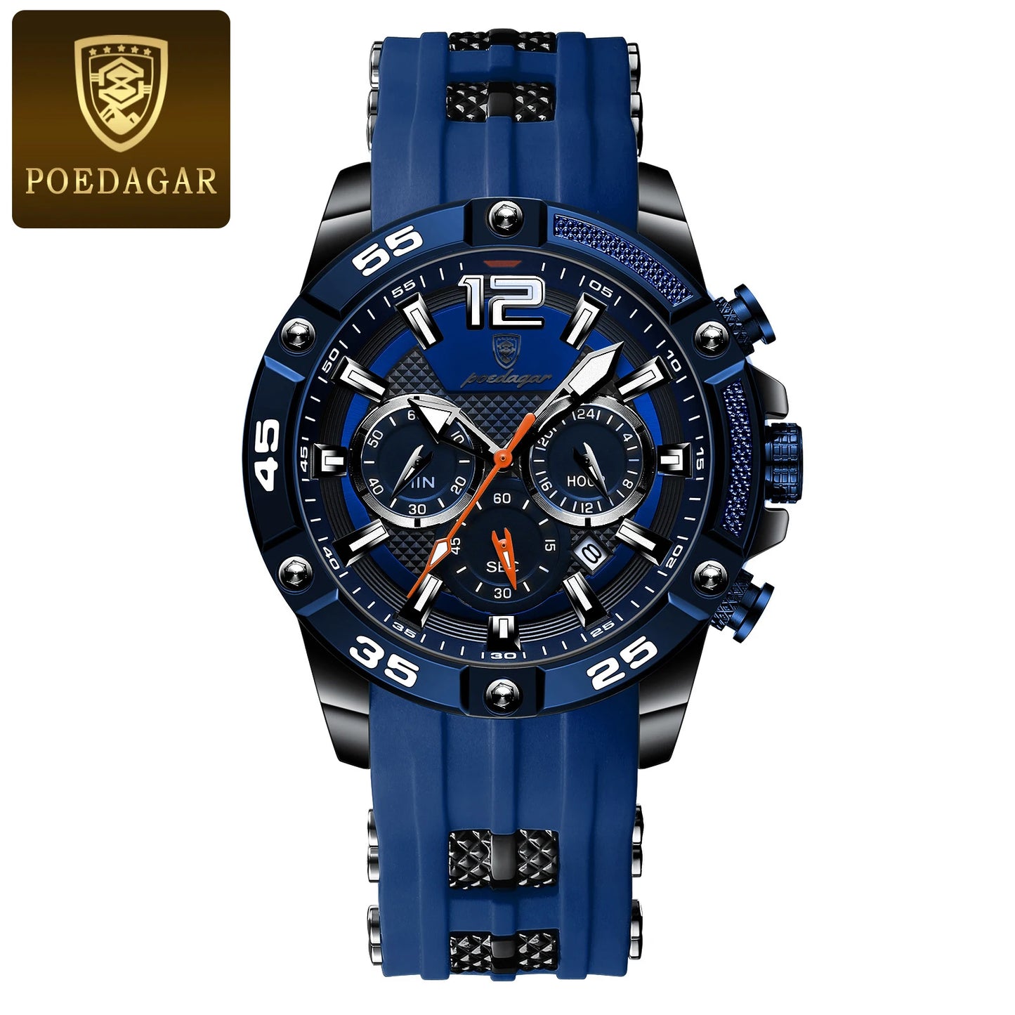 Montre sport PoEDAGAR chronographe, bracelet silicone bleu, cadran noir à compteurs