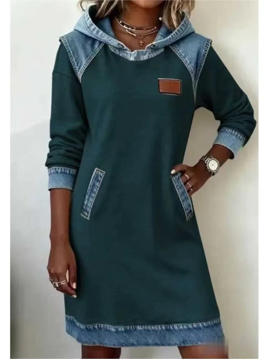 Robe Denim Femme à Capuche - Style Rétro Décontracté avec Poches