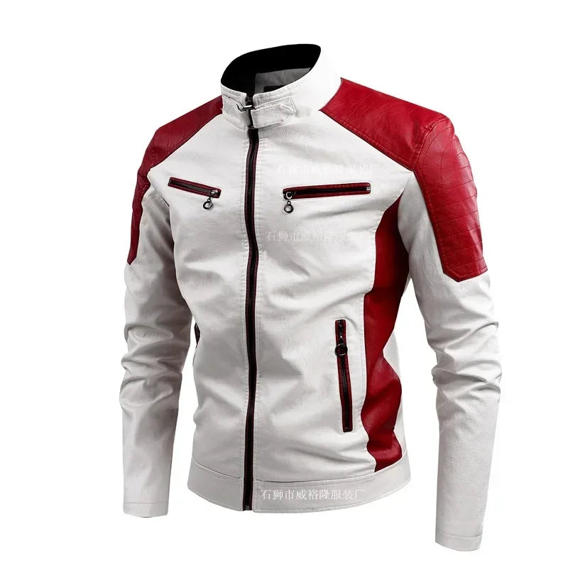 Veste motard en cuir PU homme blanche avec empiècements rouges, fermeture zippée