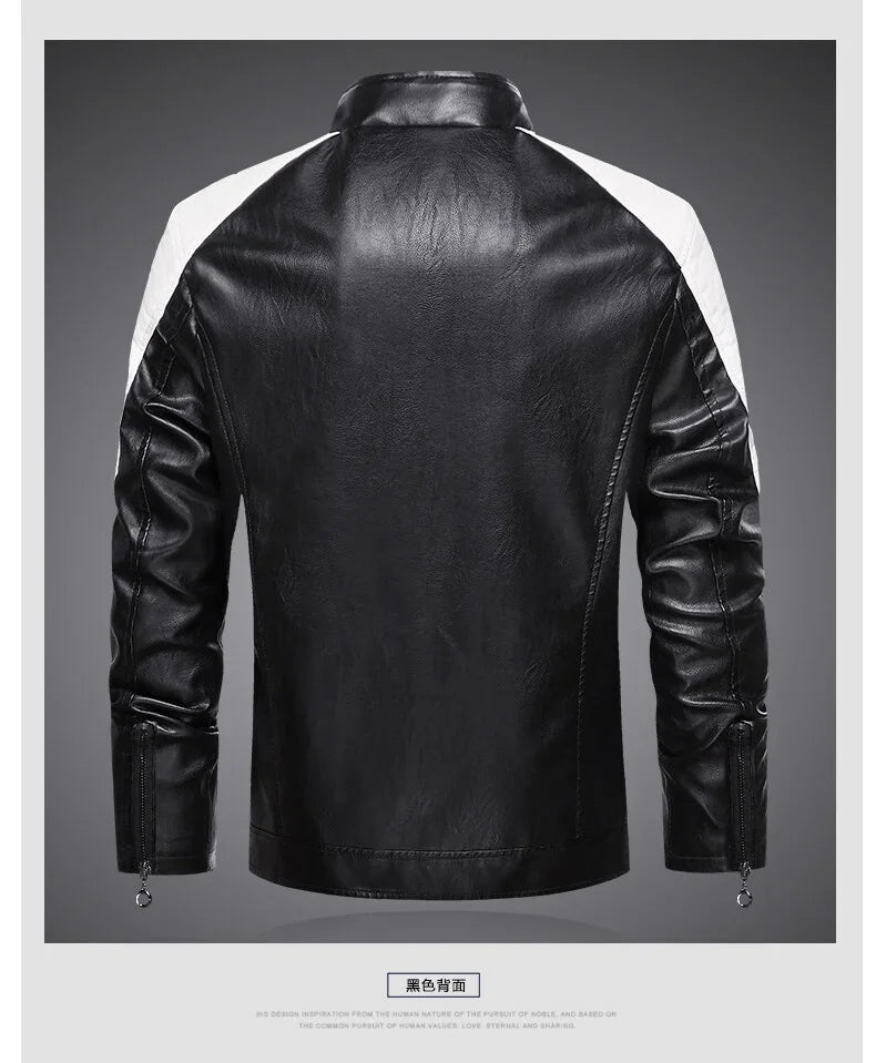 Veste motard en cuir PU homme vue dos noire, empiècements blancs, zippée