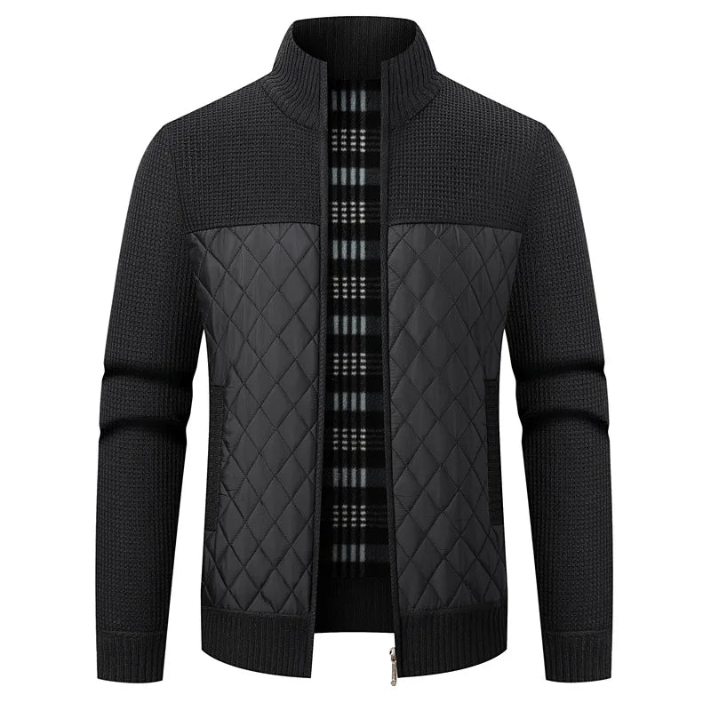 Cardigan homme doublé polaire noir, manches tricot, panneaux matelassés, zip, col montant.