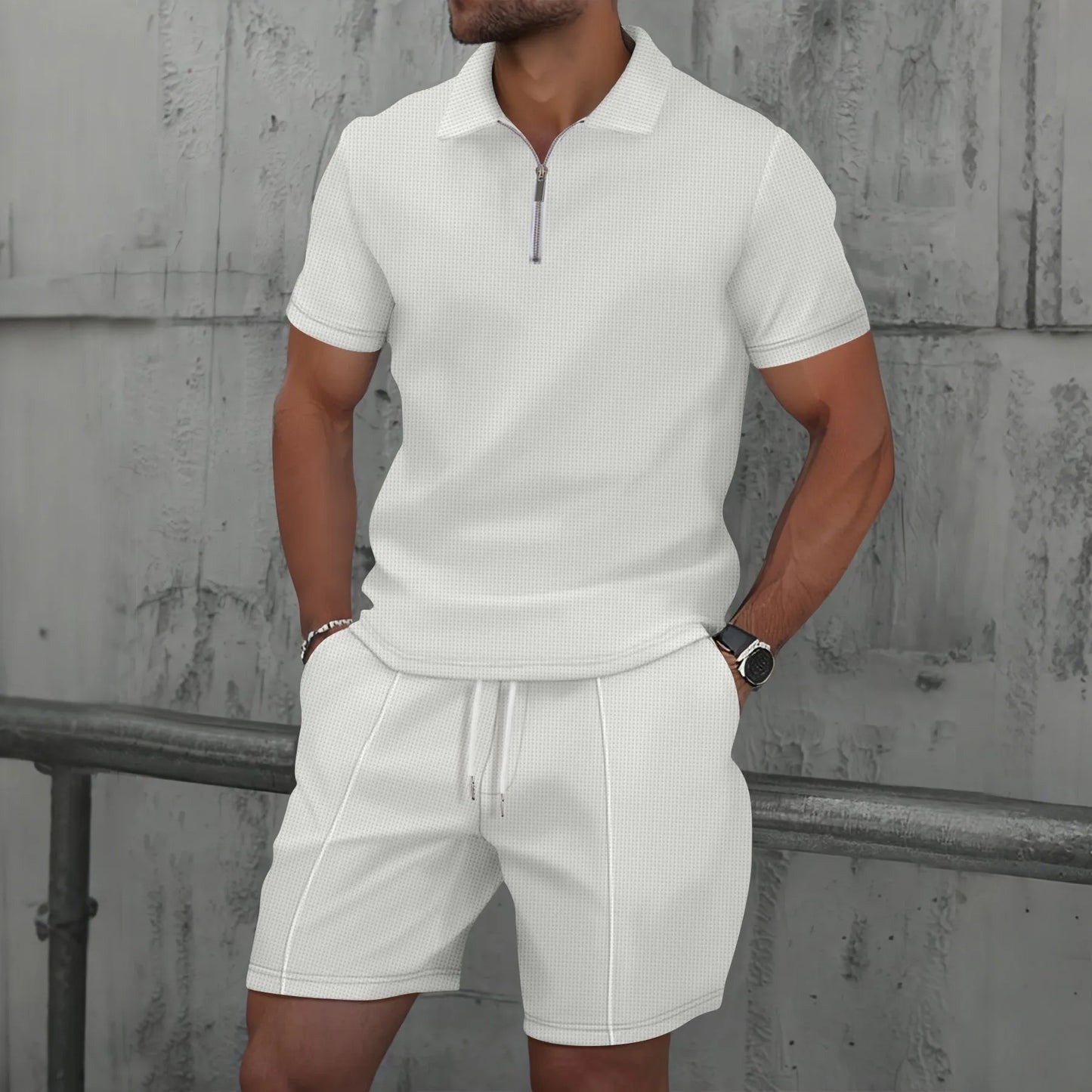 Ensemble polo homme gaufré blanc : polo à zip manches courtes et short assorti.